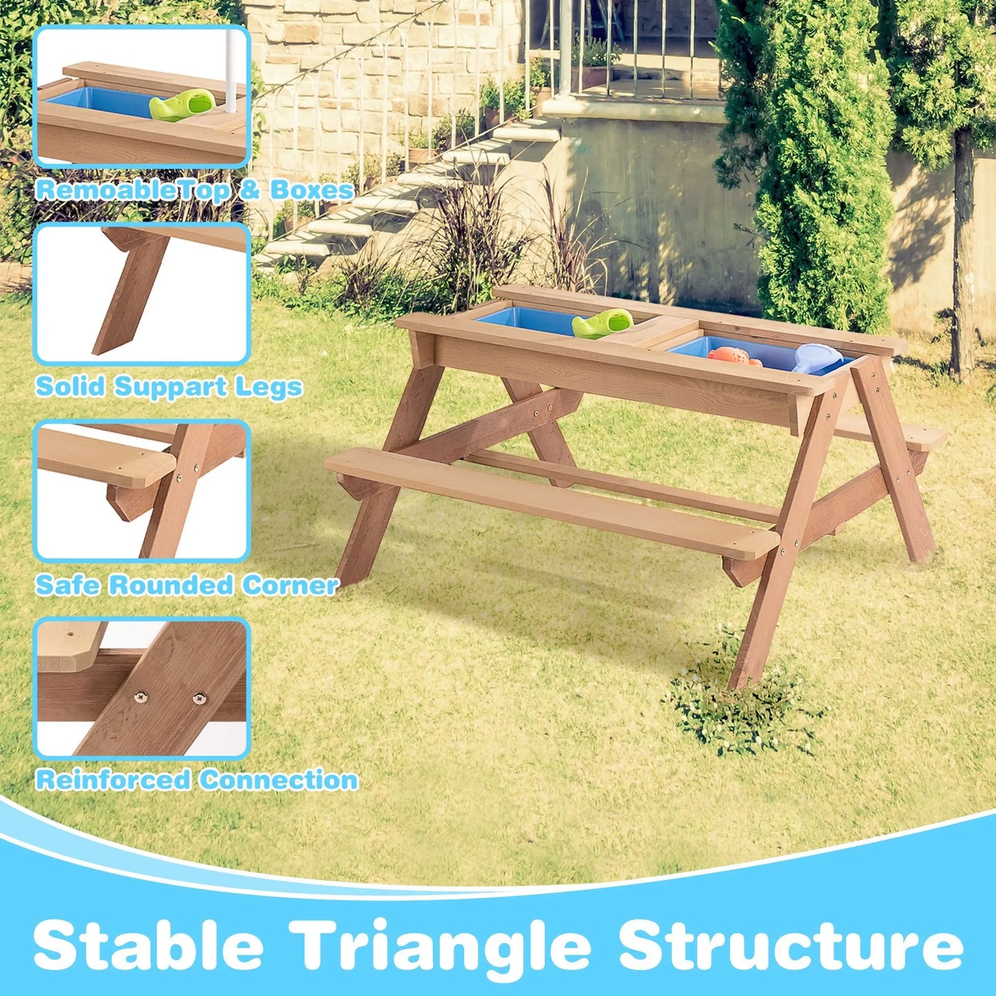 3-in-1 Kids Outdoor Wooden Picnic Table With Umbrella, Convertible Sand & Wate, Gray ASTM & CPSIA CERTIFICATION Doba