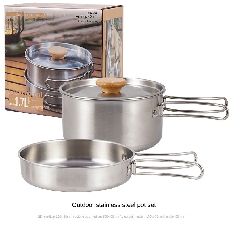 Outdoor hiking 304 stainless steel pot folding handle camping portable frying pan soup pot home picnic cookware set Doba
