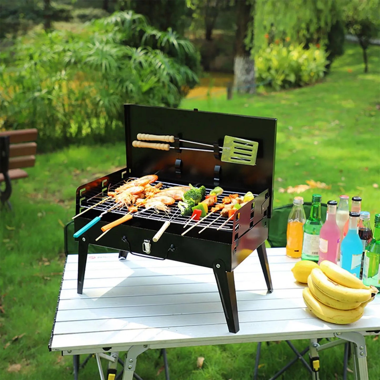 16.7x10x17.7in Portable Charcoal Grill Foldable BBQ Suitcase Grill Shelf For Outdoor Camping Picnics Garden Grilling Doba