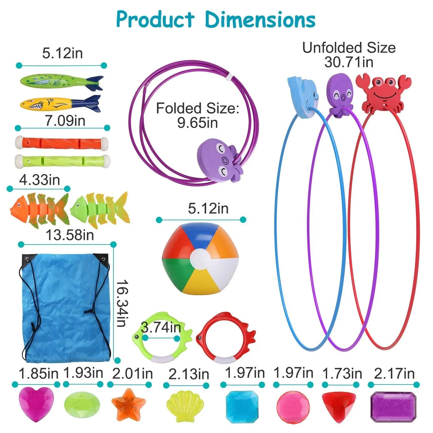 24Pcs Diving Toys Swimming Pool Toys Swim Toys for Kids Aged 3+ Years Old Swim Thru Rings Torpedoes Gems Volleyball Storage Bag Doba