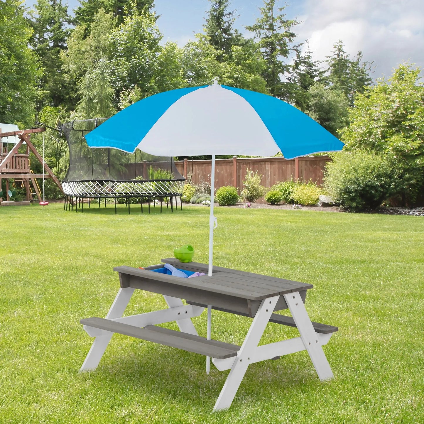 3-in-1 Kids Outdoor Wooden Picnic Table With Umbrella, Convertible Sand & Wate, Gray ASTM & CPSIA CERTIFICATION Doba