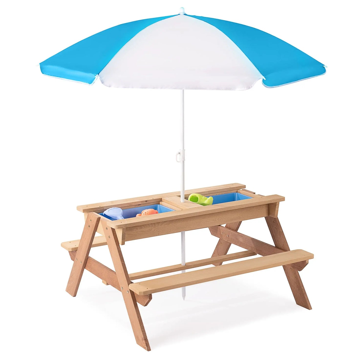 3-in-1 Kids Outdoor Wooden Picnic Table With Umbrella, Convertible Sand & Wate, Gray ASTM & CPSIA CERTIFICATION Doba