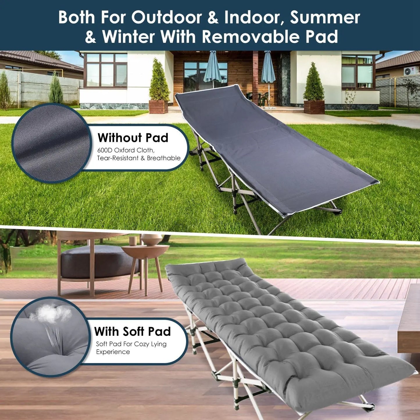 Folding Camping Cot Portable Sleeping Camping Bed Collapsible Travel Camp Cots Guest Bed Cot with 2-Sided Soft Pad 440LBS Max Load Doba