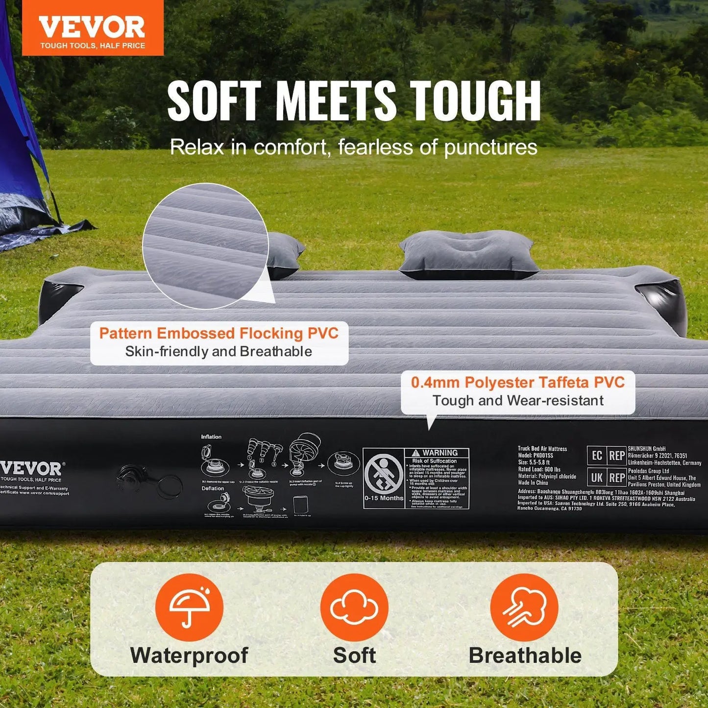 VEVOR Truck Bed Air Mattress, for 5.5-5.8 ft Full Size Short Truck Beds, Inflatable Air Mattress Camping Bed with 12V Air Pump 2 Pillows, Carry Bag, for Silverado, RAM, F Series, Sierra, Titan, Tundra Doba