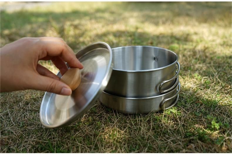 Outdoor hiking 304 stainless steel pot folding handle camping portable frying pan soup pot home picnic cookware set Doba
