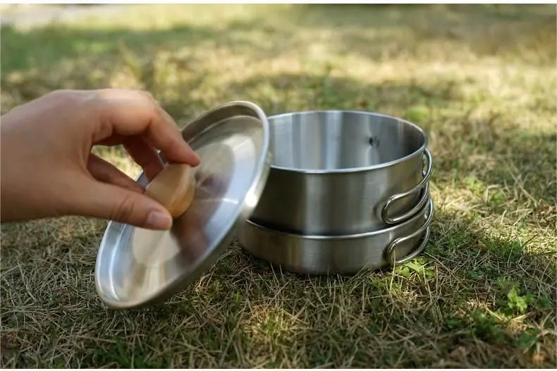 Outdoor hiking 304 stainless steel pot folding handle camping portable frying pan soup pot home picnic cookware set Doba