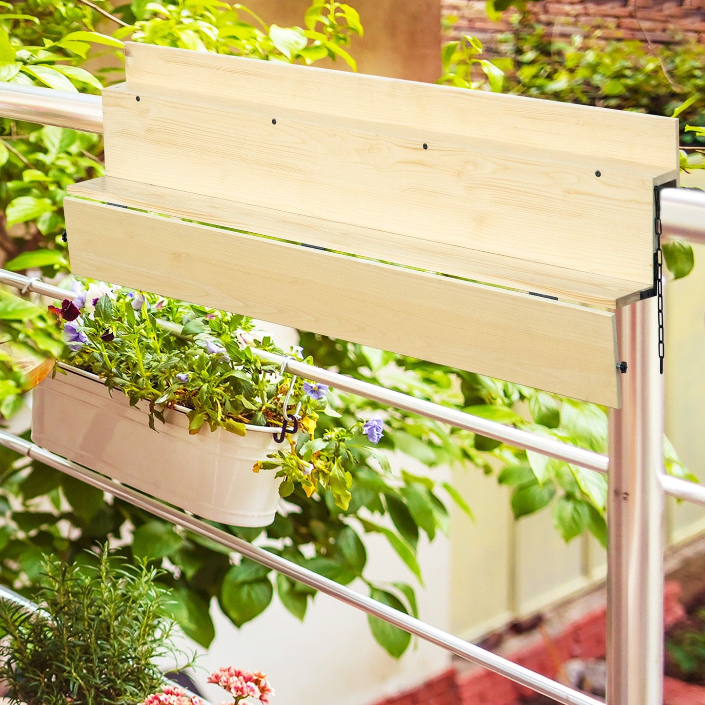 Hanging Balcony Table, Spruce Wood Foldable Railing Bar, Serving Table & Desk, Fits up to 3.9 Inches, Natural Doba