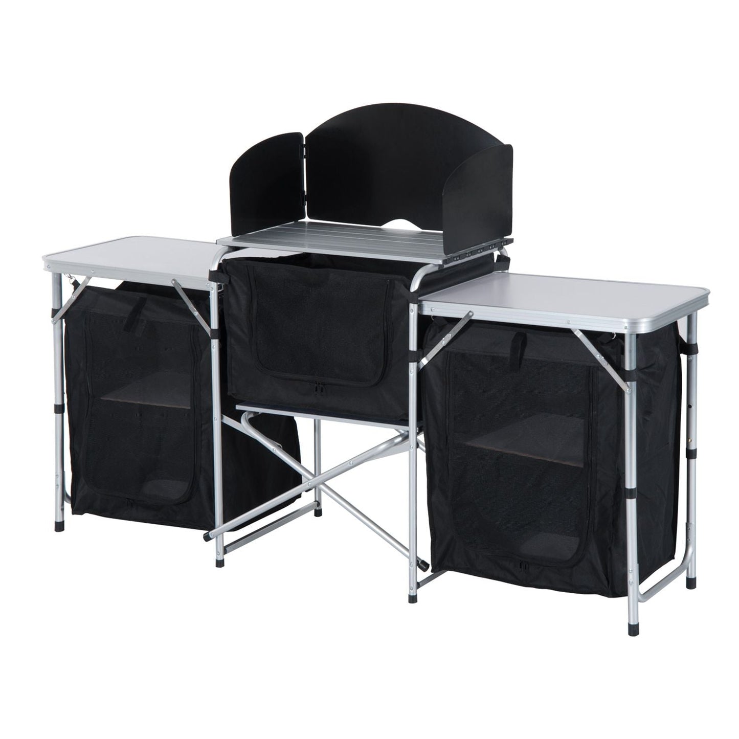 Outsunny Aluminum Portable Camping Kitchen Fold-Up Cooking Table With Windscreen and 3 Enclosed Cupboards for BBQ, Party, Picnics, Backyards Doba