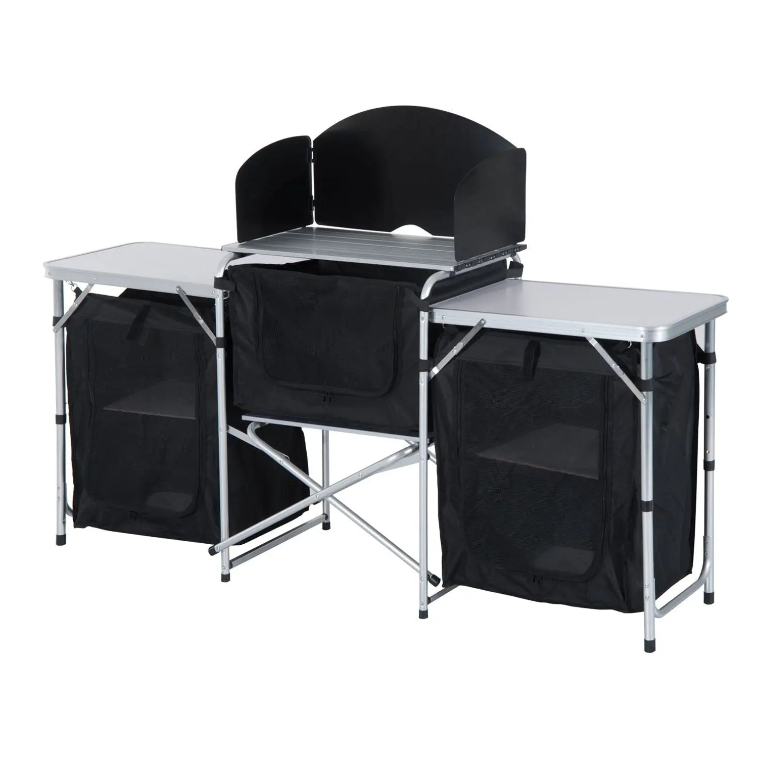 Outsunny Aluminum Portable Camping Kitchen Fold-Up Cooking Table With Windscreen and 3 Enclosed Cupboards for BBQ, Party, Picnics, Backyards Doba