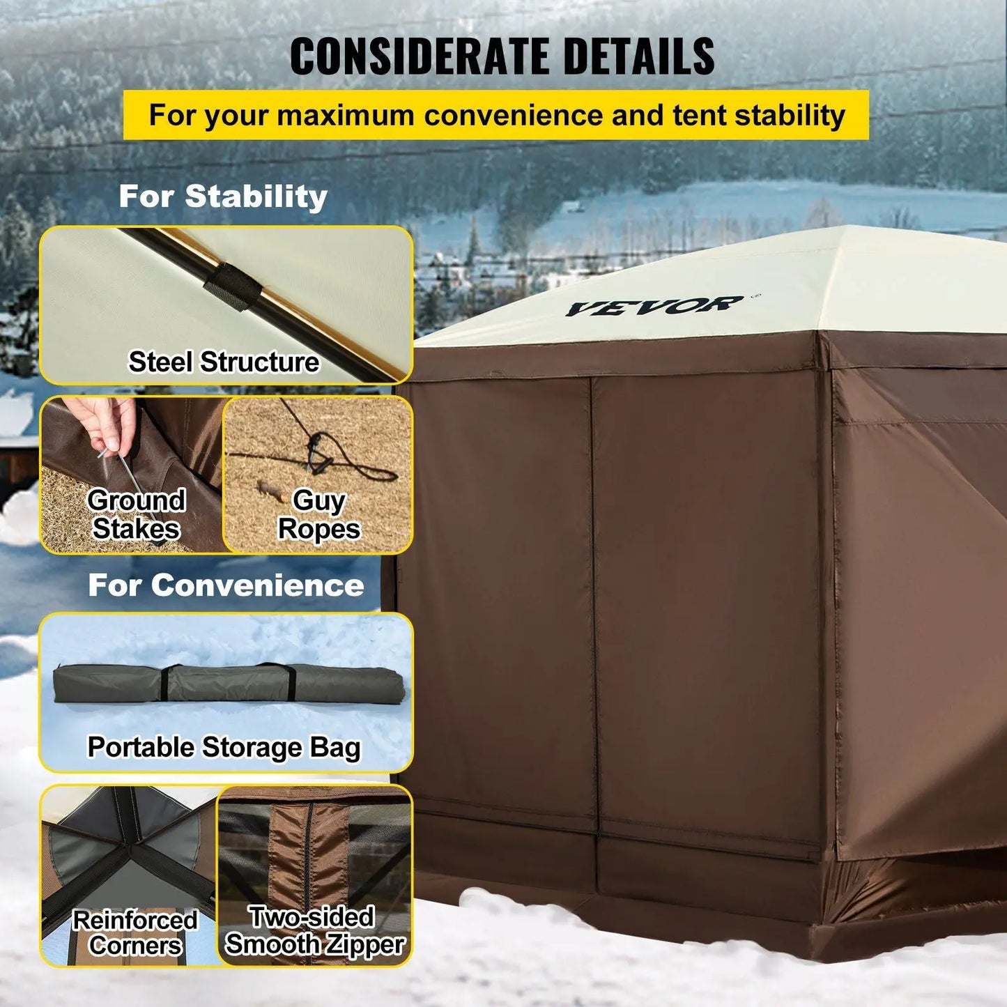VEVOR Camping Gazebo Tent, 10'x10', 6 Sided Pop-up Canopy Screen Tent for 8 Person Camping, Waterproof Screen Shelter w/Portable Storage Bag, Ground Stakes, Mesh Windows, Brown & Beige Doba