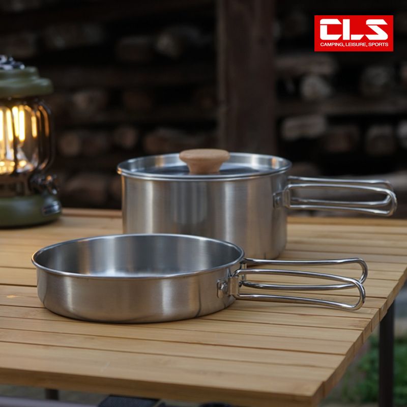 Outdoor hiking 304 stainless steel pot folding handle camping portable frying pan soup pot home picnic cookware set Doba