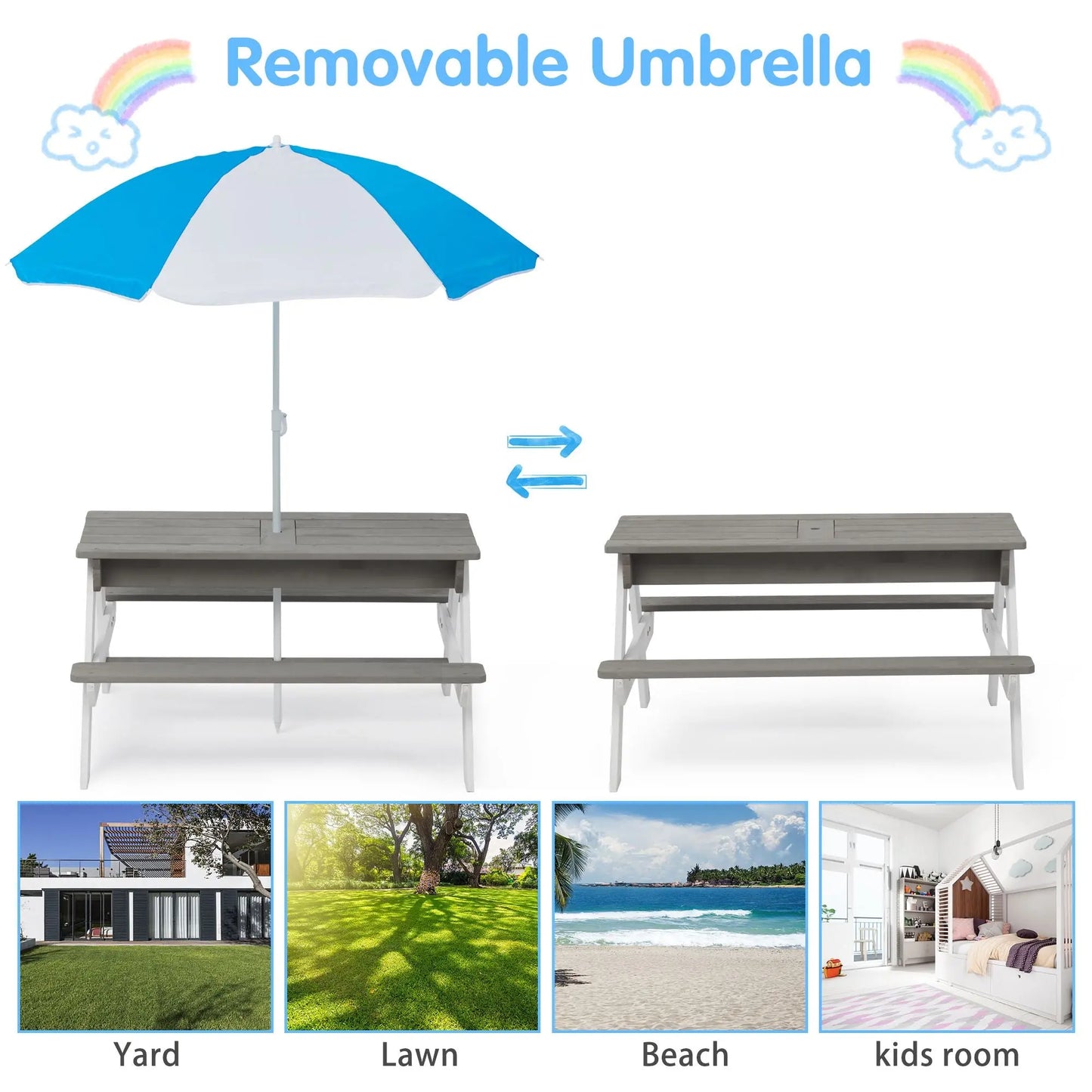 3-in-1 Kids Outdoor Wooden Picnic Table With Umbrella, Convertible Sand & Wate, Gray ASTM & CPSIA CERTIFICATION Doba