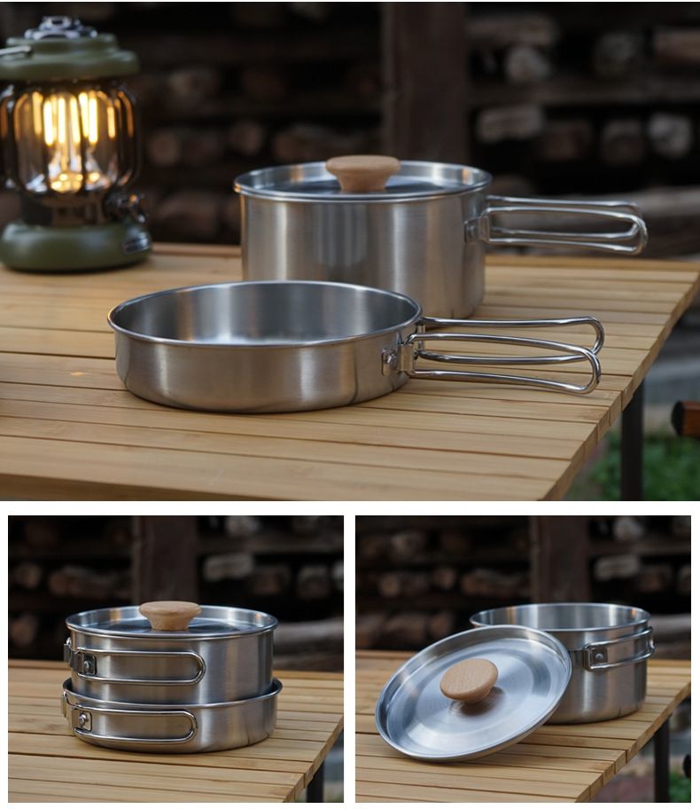Outdoor hiking 304 stainless steel pot folding handle camping portable frying pan soup pot home picnic cookware set Doba