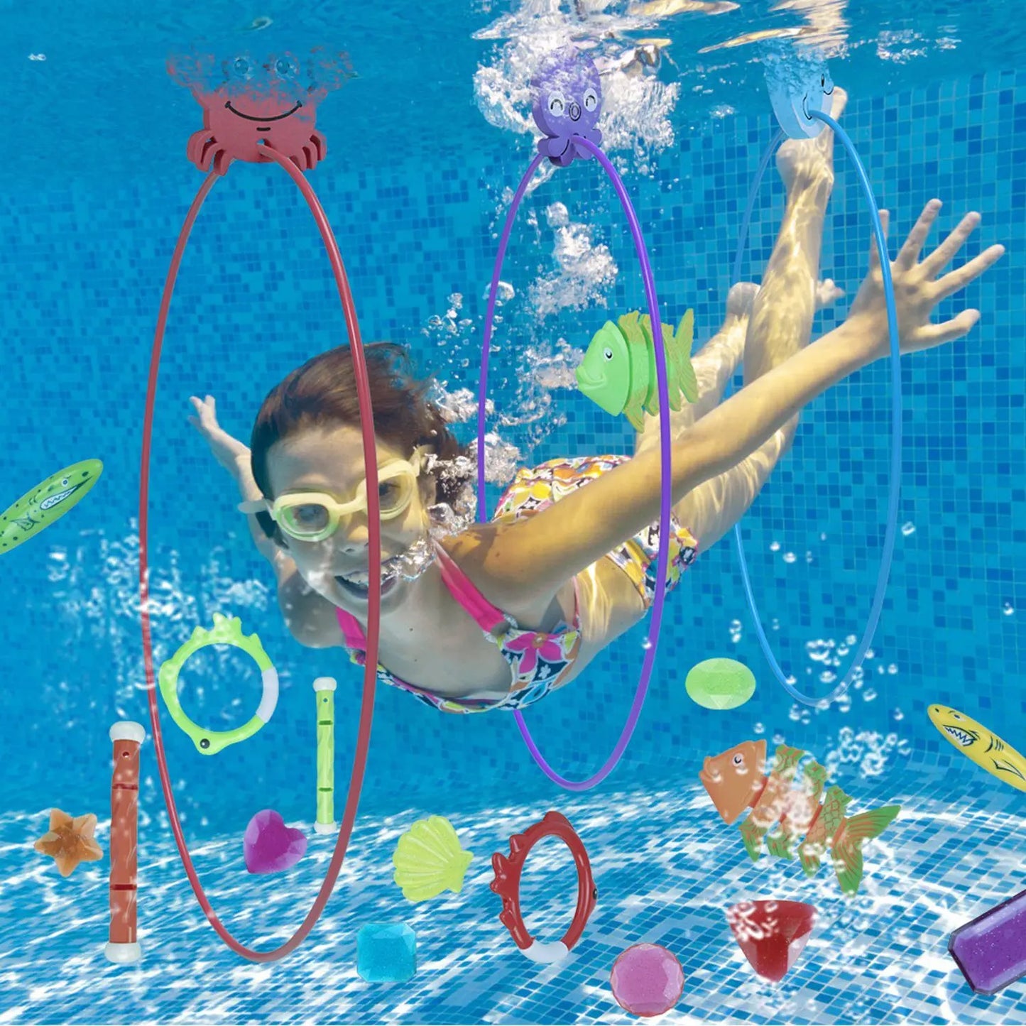 24Pcs Diving Toys Swimming Pool Toys Swim Toys for Kids Aged 3+ Years Old Swim Thru Rings Torpedoes Gems Volleyball Storage Bag Doba