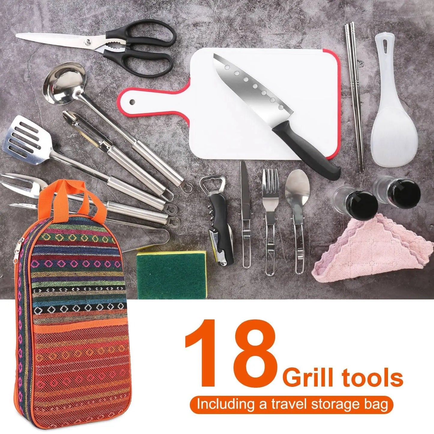 19Pcs Camping Cooking Utensil Kit Portable Picnic Cookware Outdoor Kitchen Equipment Gear Campfire Barbecue Appliances with Storage Bag Doba