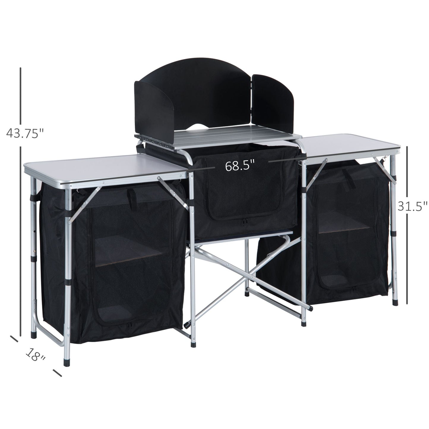 Outsunny Aluminum Portable Camping Kitchen Fold-Up Cooking Table With Windscreen and 3 Enclosed Cupboards for BBQ, Party, Picnics, Backyards Doba
