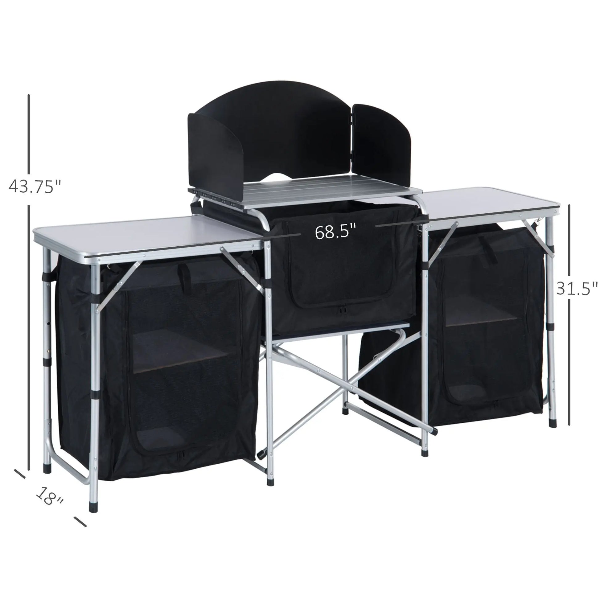 Outsunny Aluminum Portable Camping Kitchen Fold-Up Cooking Table With Windscreen and 3 Enclosed Cupboards for BBQ, Party, Picnics, Backyards Doba
