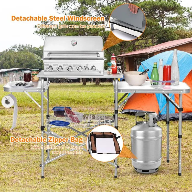 Foldable Outdoor BBQ Portable Grilling Table with Windscreen Bag Doba