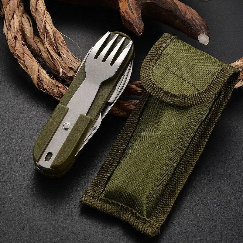 7 In 1 Multifunctional Outdoor Tableware Stainless Steel Foldable Fork Spoon Knife Picnic Camping Hiking Travelling Dinnerware Doba