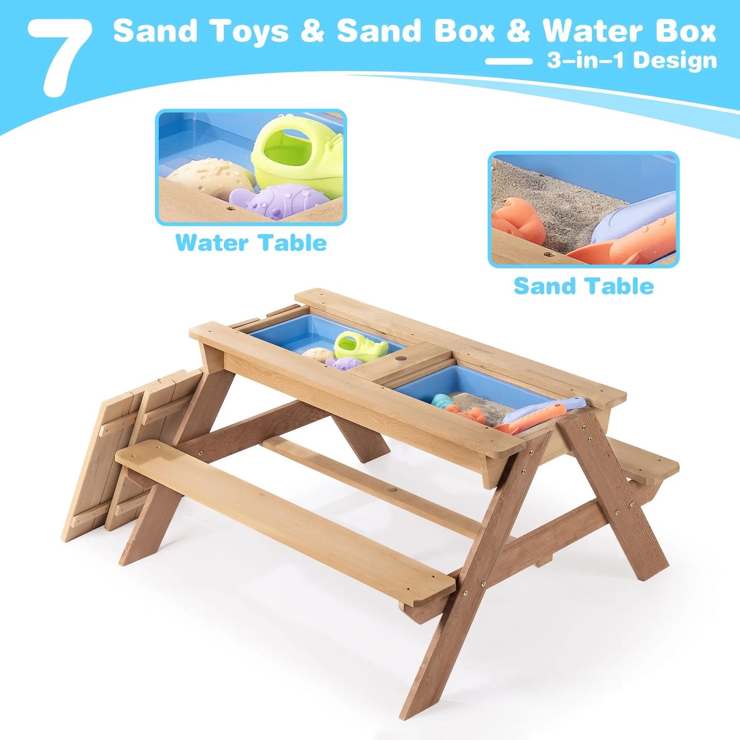 3-in-1 Kids Outdoor Wooden Picnic Table With Umbrella, Convertible Sand & Wate, Gray ASTM & CPSIA CERTIFICATION Doba
