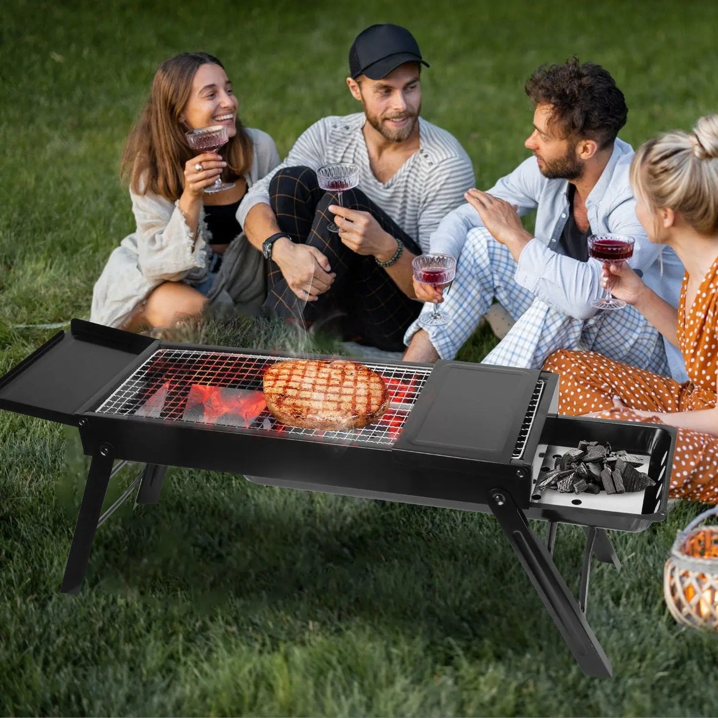 Foldable Charcoal BBQ Grill with Shelf Stainless Steel Grill Net Easy Setup Portable Tabletop Barbecue Grill for Camping Picnic Outdoor Party Backyard Doba