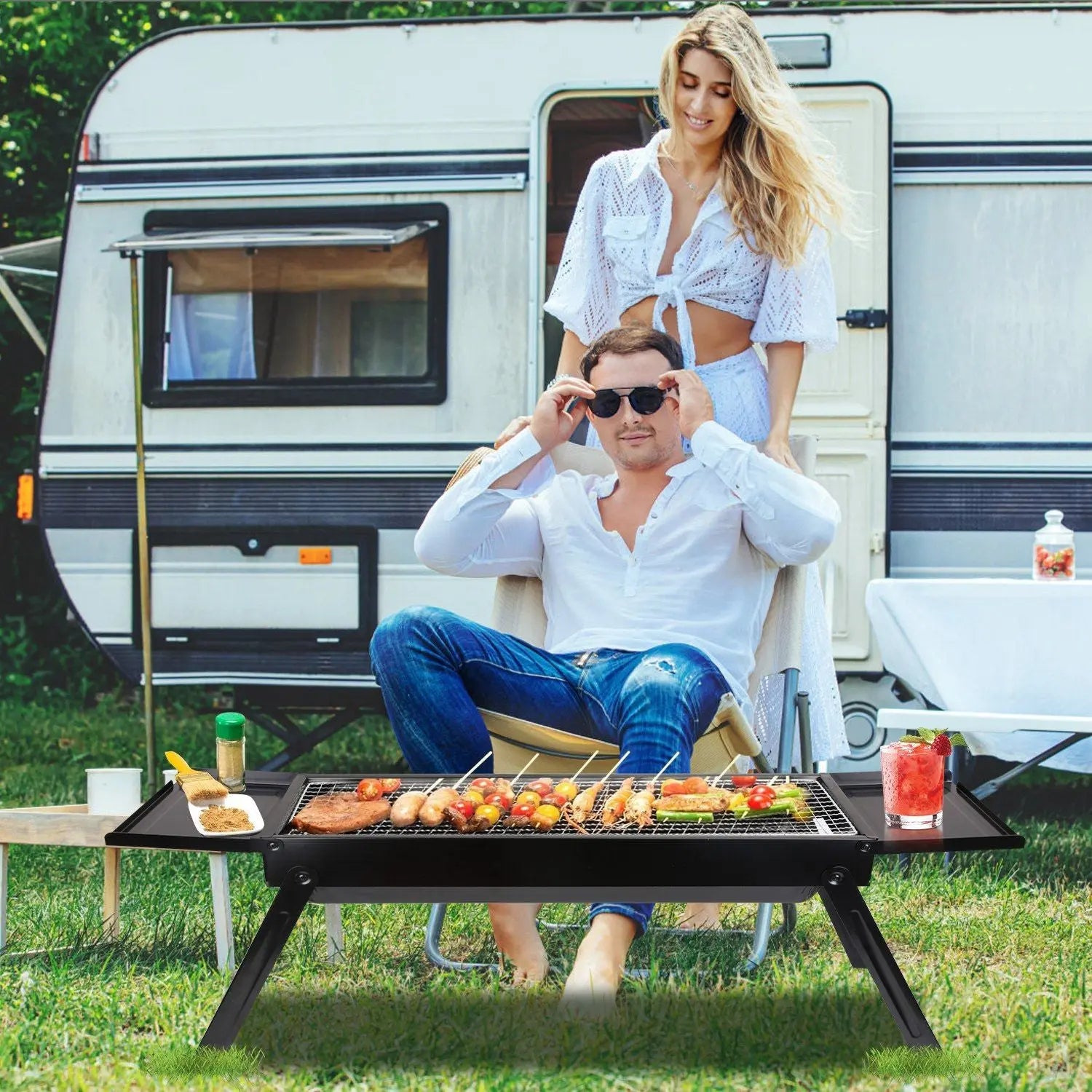Foldable Charcoal BBQ Grill with Shelf Stainless Steel Grill Net Easy Setup Portable Tabletop Barbecue Grill for Camping Picnic Outdoor Party Backyard Doba