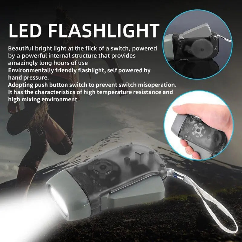 3 LED Hand Pressing Dynamo Crank Power Wind Up Flashlight Torch Light Hand Press Crank Camping Lamp Light for Outdoor Home Doba