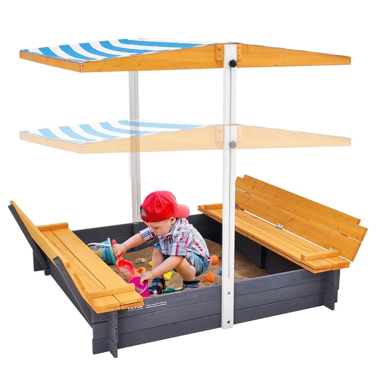 VEVOR Wooden Sandbox with Canopy, 57.3 x 47.2 x 47.2 in Sand Box, Sand Pit with Foldable Bench Seats and Bottom Liner, Natural Wood Kids Sandbox for Outdoor Backyard, Beach, Park, Gift for Ages 3-12 Doba