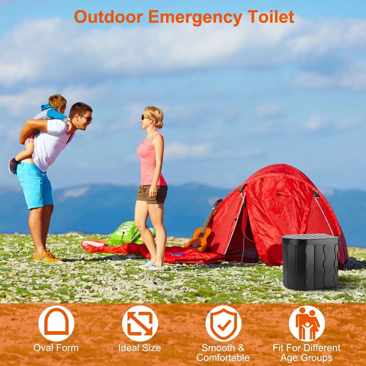 Foldable Emergency Toilet Portable Porta Potty for Car Travel Camping Boating Hiking Cleanable Travel Commode with Lid Carry Bag 1 Roll Garbage Bags Doba