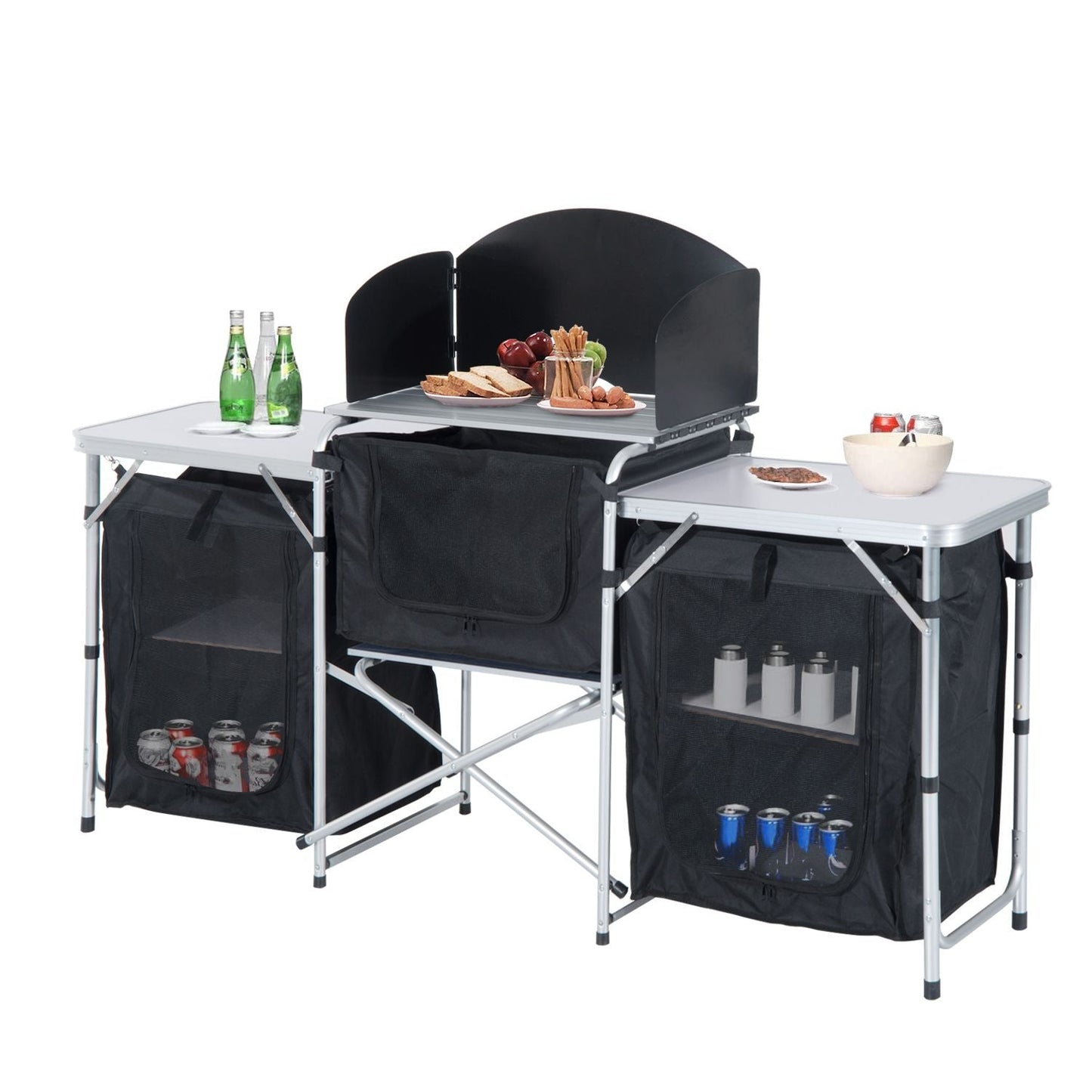 Outsunny Aluminum Portable Camping Kitchen Fold-Up Cooking Table With Windscreen and 3 Enclosed Cupboards for BBQ, Party, Picnics, Backyards Doba