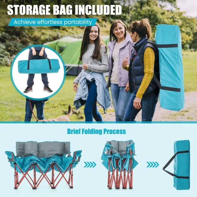 3 Person Folding Camping Chair with 2 Cup Holders Cotton Padding & Storage Bag Doba