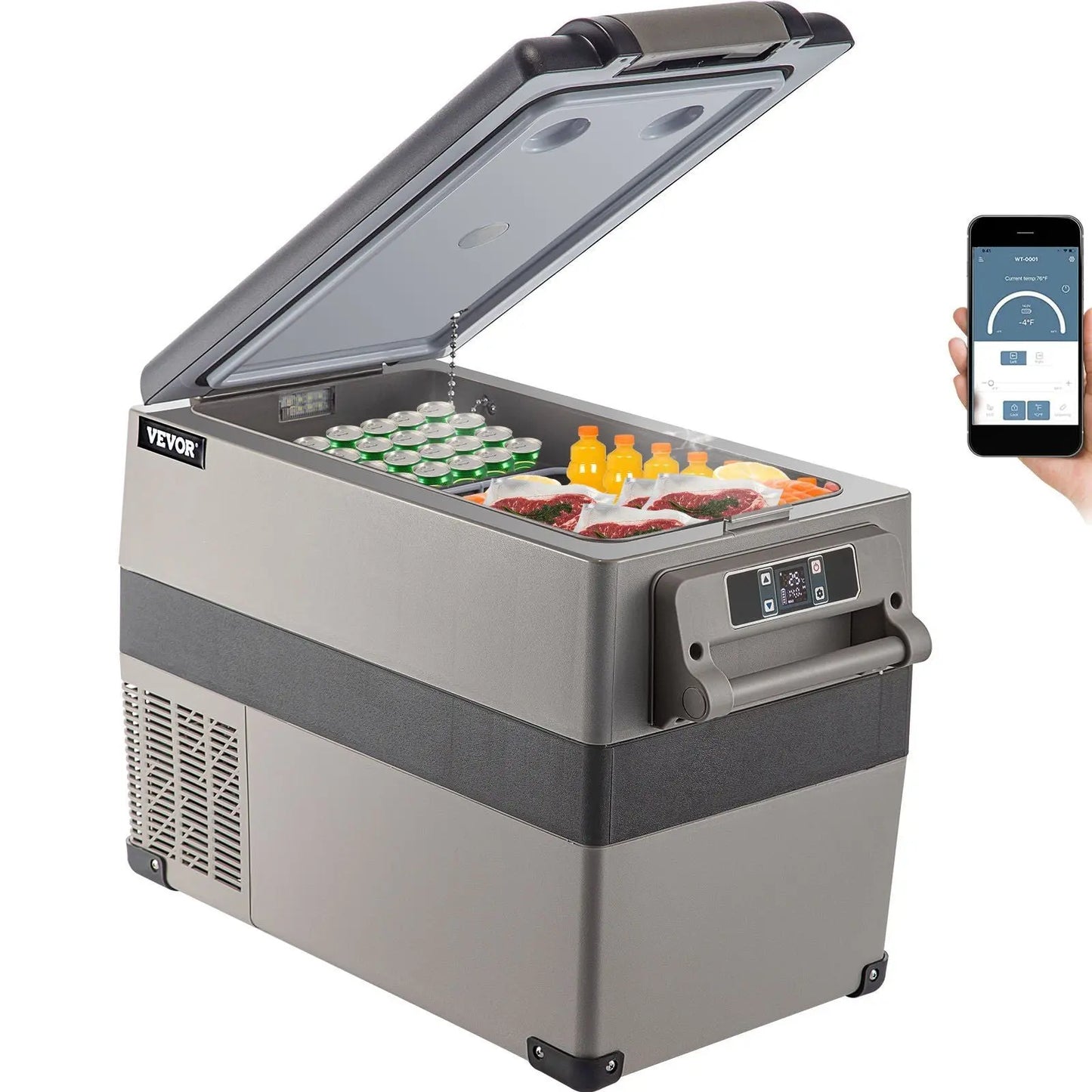 VEVOR 12 Volt Refrigerator 45L(48qt) Fast Cooling Portable Freezer with App Control(-4°F~68°F) Car Fridge with 12/24v DC & 110-240v AC for Travel, Camping and Home Use, 48 Quart, Black Doba