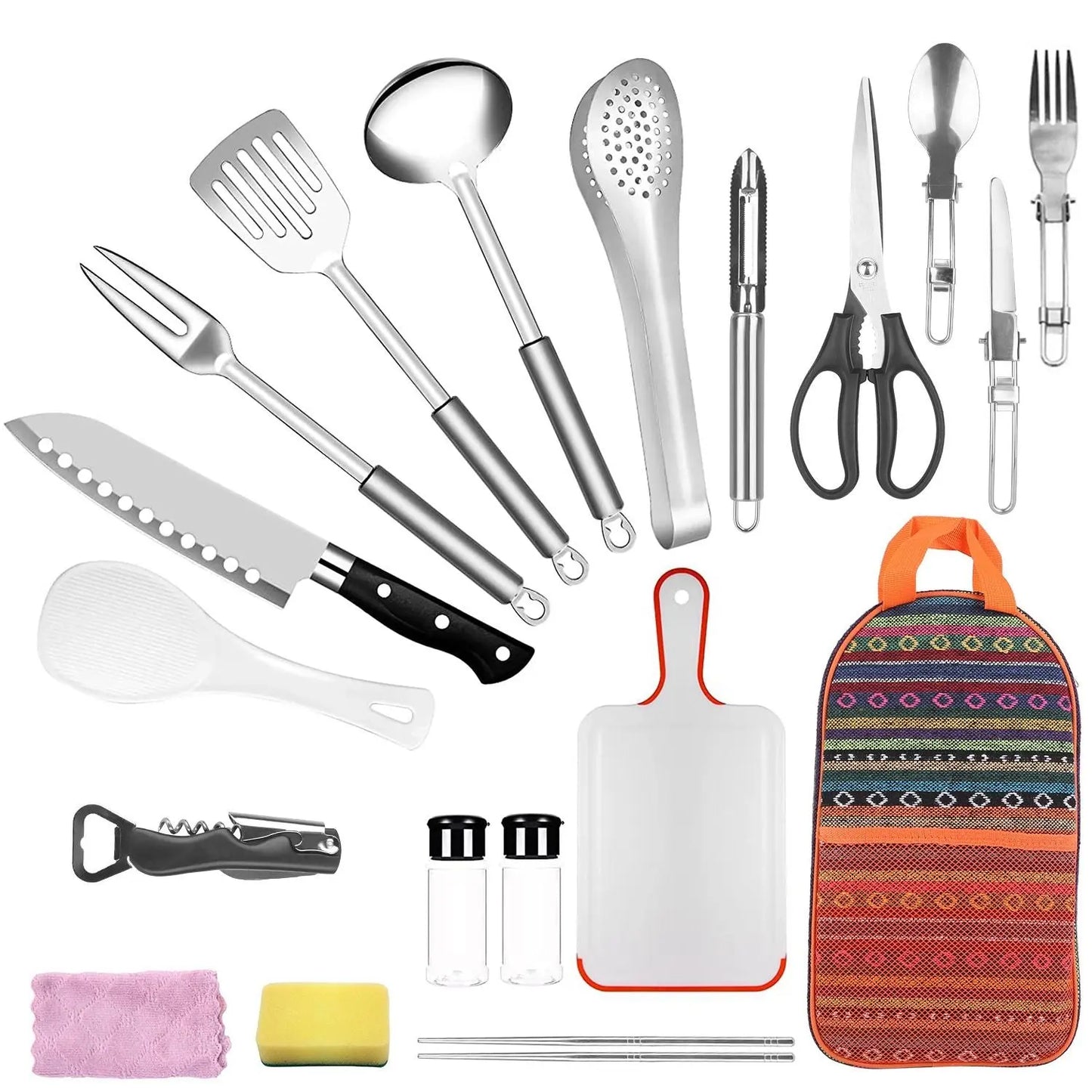 19Pcs Camping Cooking Utensil Kit Portable Picnic Cookware Outdoor Kitchen Equipment Gear Campfire Barbecue Appliances with Storage Bag Doba