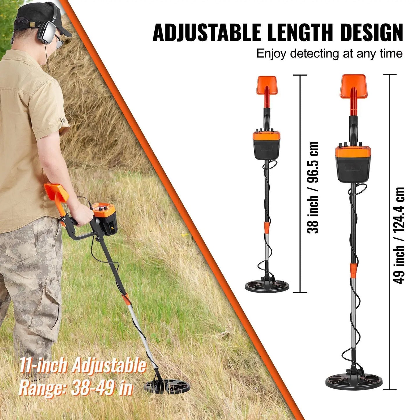 VEVOR Metal Detector for Adults & Kids, 8 Inch Waterproof Search Coil with High Accuracy Pointer Display, Adjustable 38''-49'' Gold Detector, Lightweight Aluminum Stem for Detecting Gold Treasure Doba