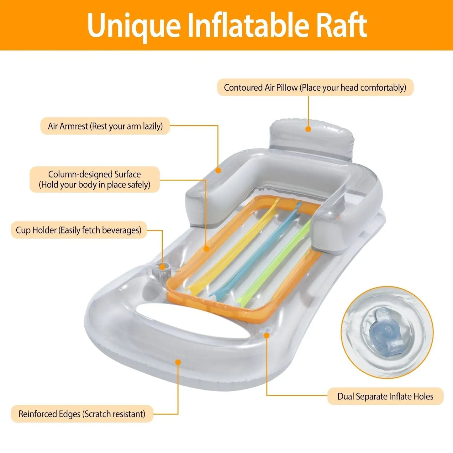 59in Inflatable Pool Float Raft w/ Headrest Armrest Cupholder Swimming Pool Lounge Air Mat Chair Doba