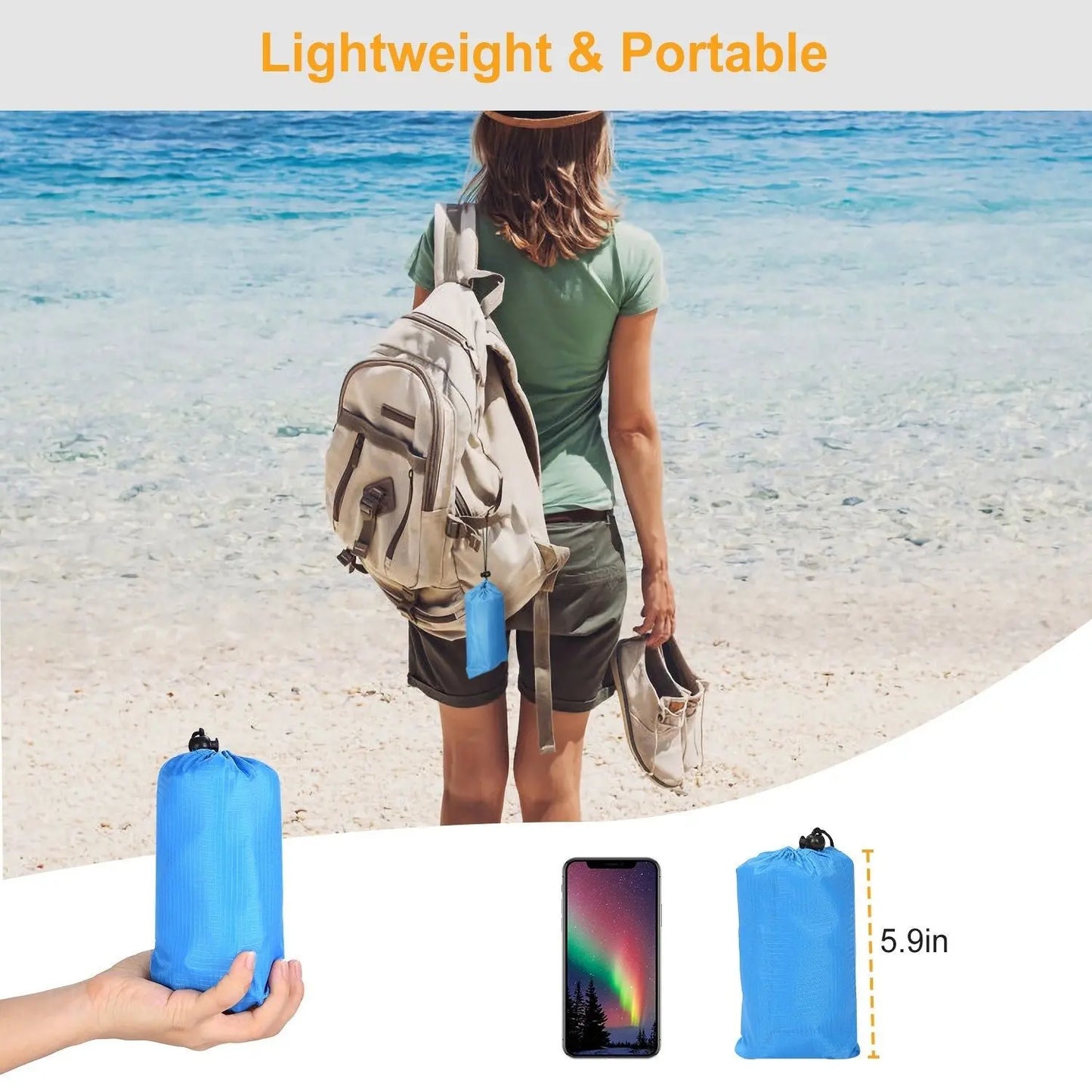 Portable Beach Blanket 4.6' x 6.6' Waterproof Foldable Camping Rug Pocket Sandproof Picnic Mat Doba