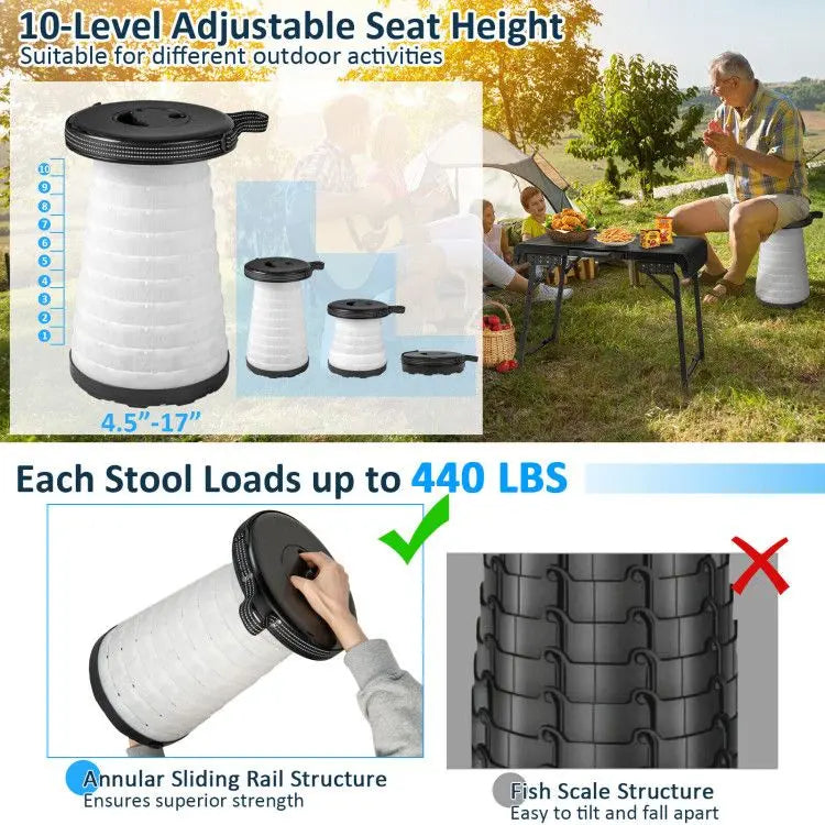 3 Pieces Folding Camping Table Stool Set with 2 Retractable LED Stools Doba