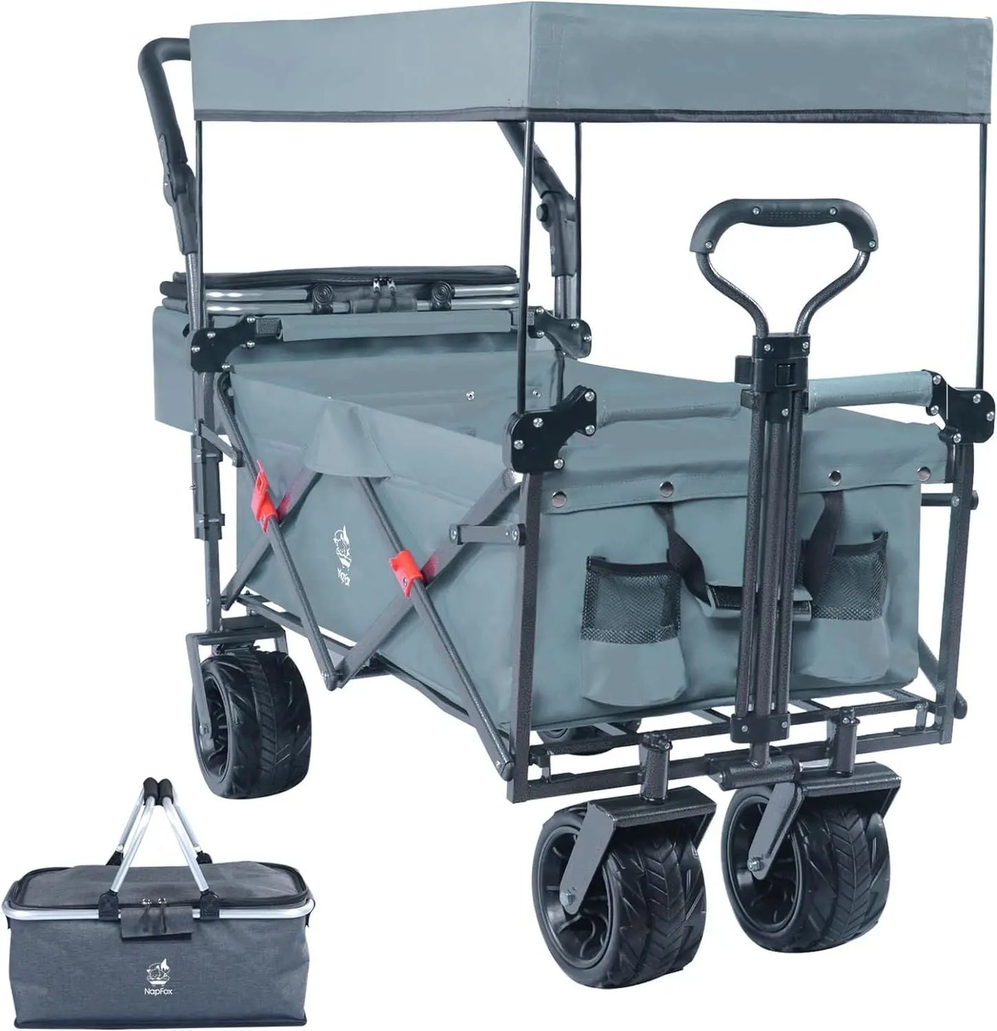 Collapsible Wagon 140L Wagons Carts Foldable with Removable Canopy, Folding Wagon Cart with Wheels for All-Terrain with Brake, Foldable Wagon with Cooler Bag, for Camping Beach Shopping Doba