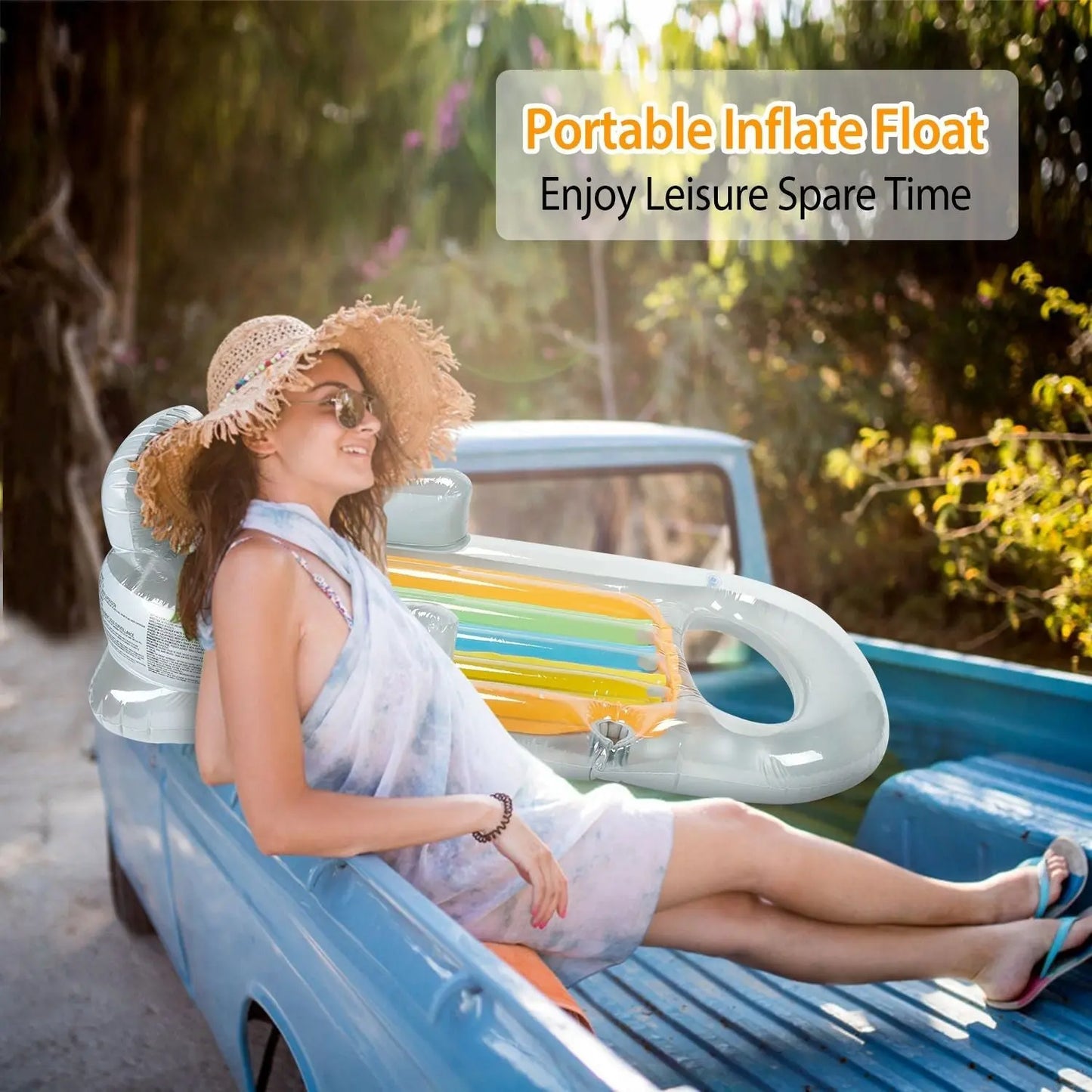 59in Inflatable Pool Float Raft w/ Headrest Armrest Cupholder Swimming Pool Lounge Air Mat Chair Doba