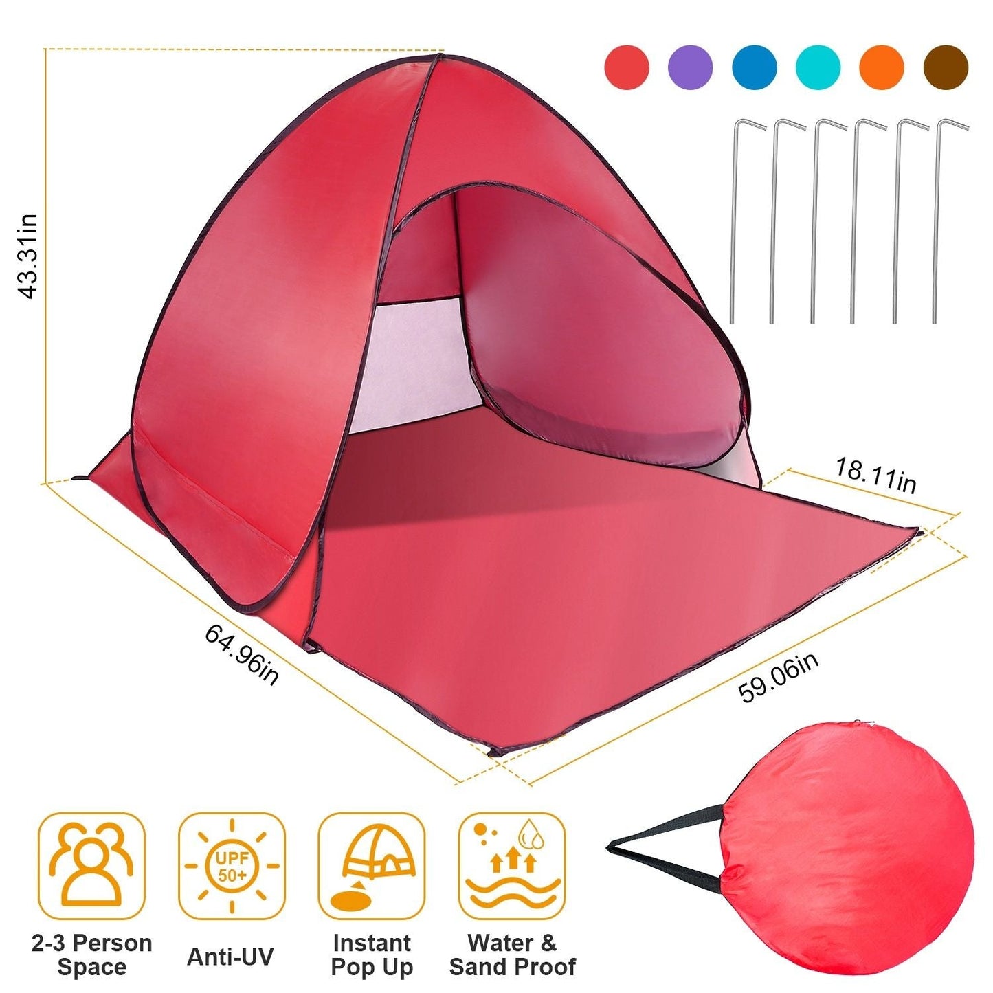 Pop Up Beach Tent Sun Shade Shelter Anti-UV Automatic Waterproof Tent Canopy for 2/3 Man w/ Net Window Storage Bag Doba