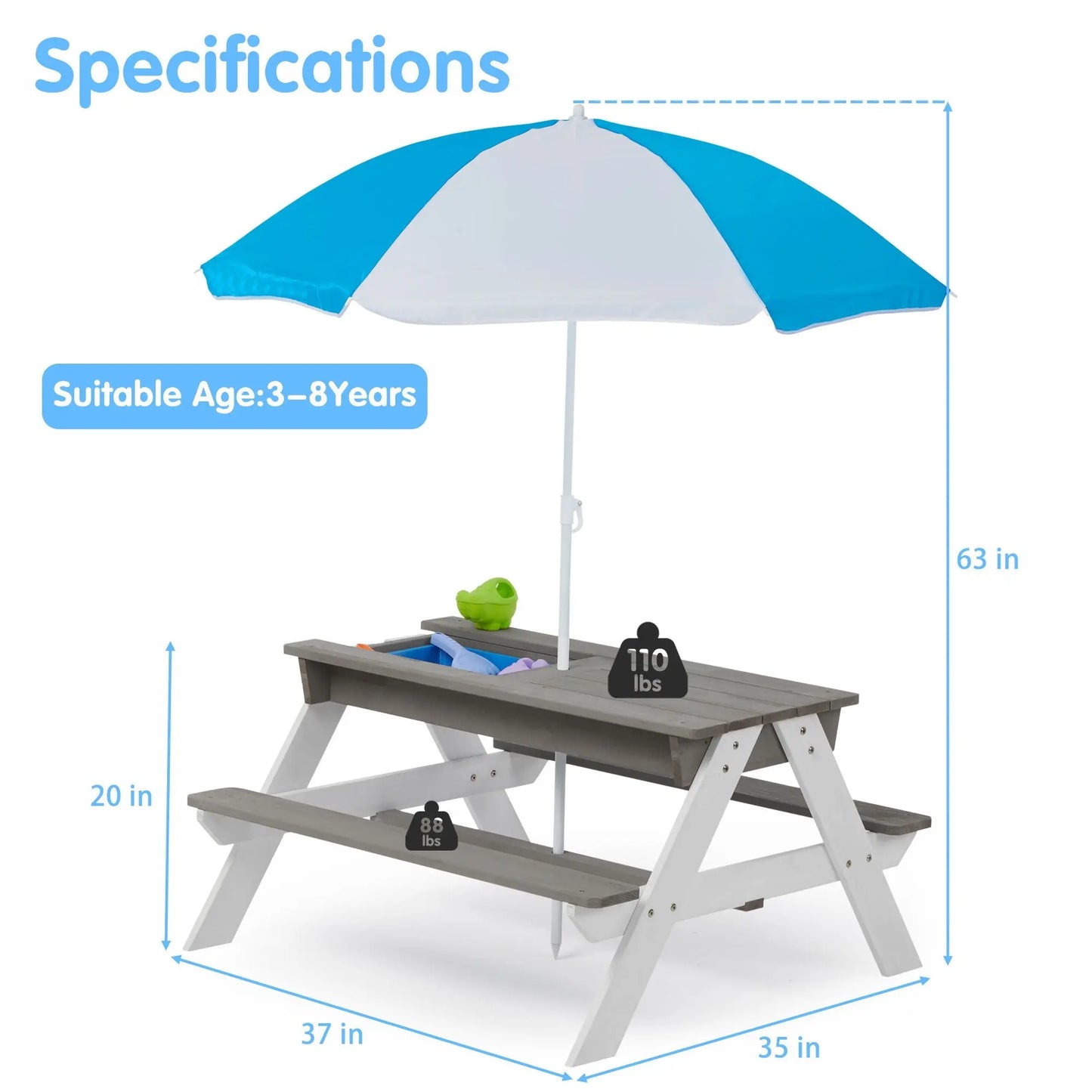 3-in-1 Kids Outdoor Wooden Picnic Table With Umbrella, Convertible Sand & Wate, Gray ASTM & CPSIA CERTIFICATION Doba