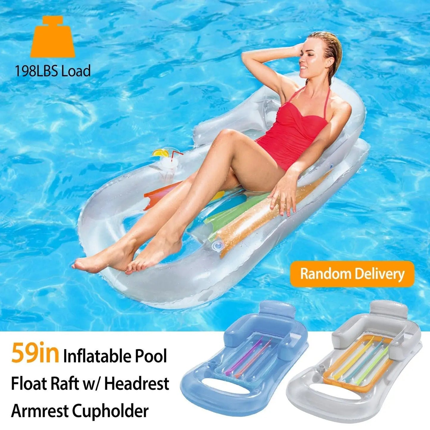 59in Inflatable Pool Float Raft w/ Headrest Armrest Cupholder Swimming Pool Lounge Air Mat Chair Doba
