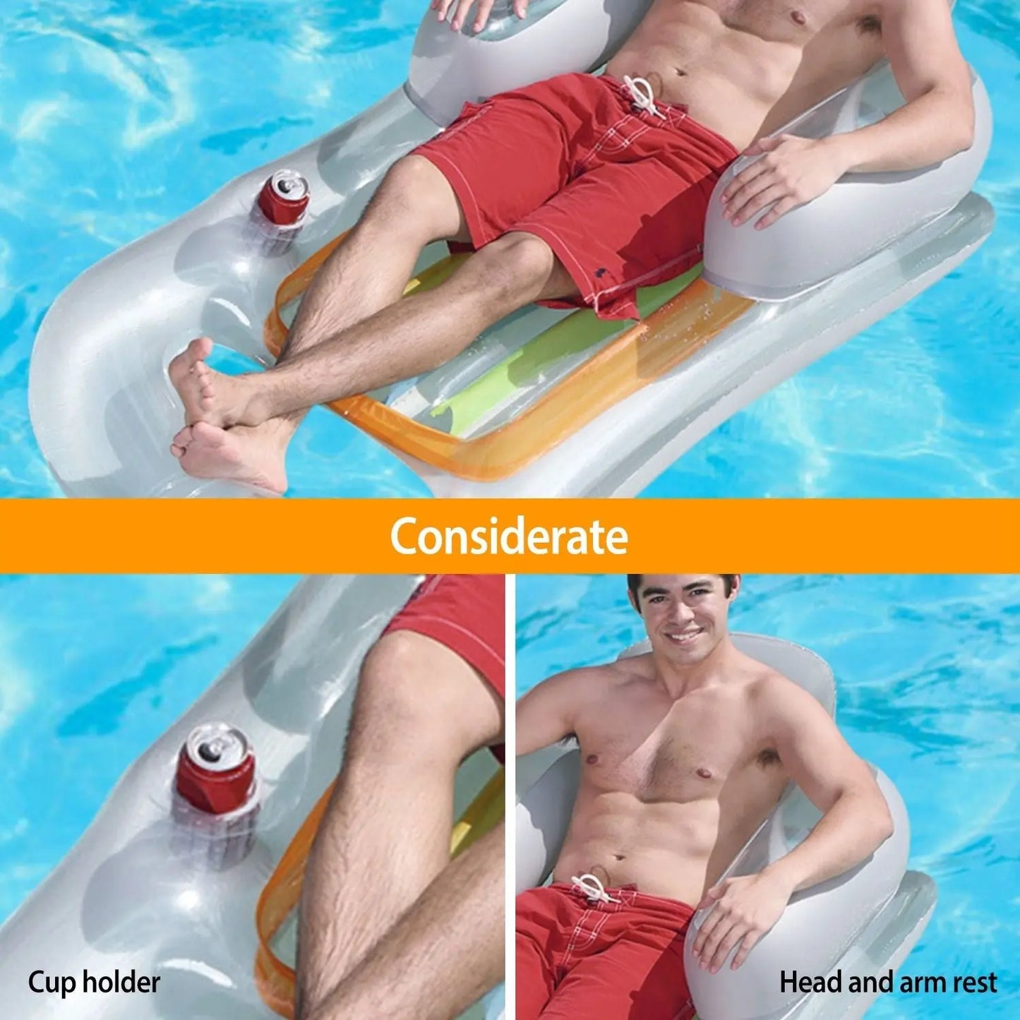 59in Inflatable Pool Float Raft w/ Headrest Armrest Cupholder Swimming Pool Lounge Air Mat Chair Doba
