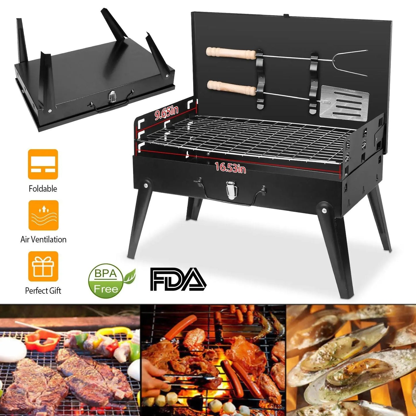16.7x10x17.7in Portable Charcoal Grill Foldable BBQ Suitcase Grill Shelf For Outdoor Camping Picnics Garden Grilling Doba
