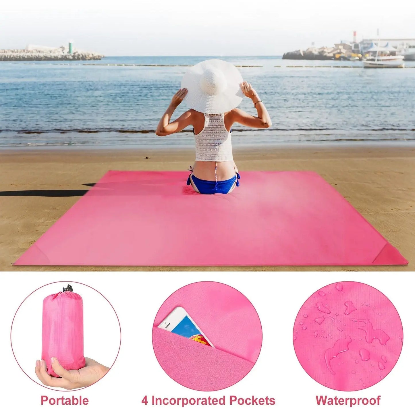 Portable Beach Blanket 4.6' x 6.6' Waterproof Foldable Camping Rug Pocket Sandproof Picnic Mat Doba