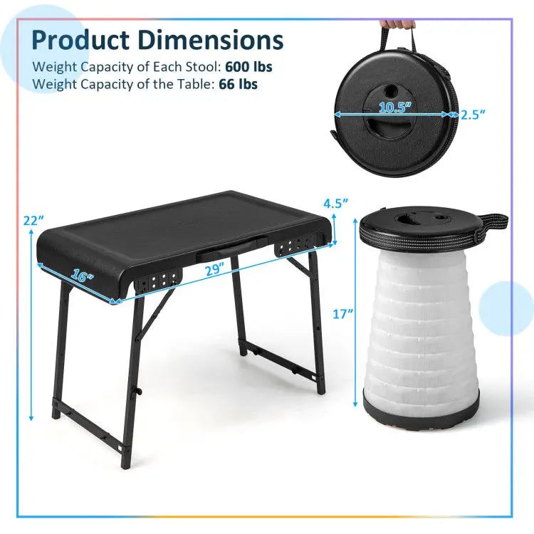 3 Pieces Folding Camping Table Stool Set with 2 Retractable LED Stools Doba