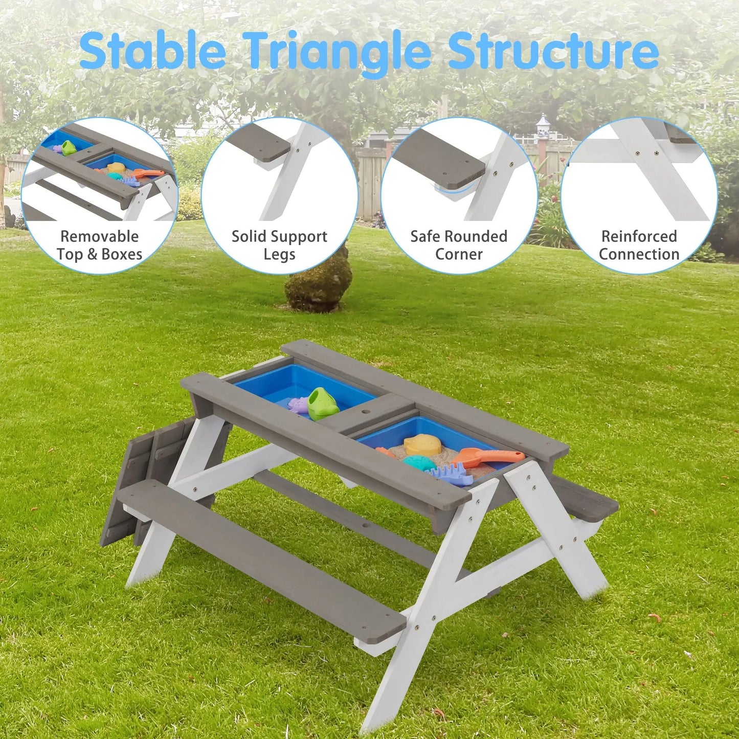 3-in-1 Kids Outdoor Wooden Picnic Table With Umbrella, Convertible Sand & Wate, Gray ASTM & CPSIA CERTIFICATION Doba
