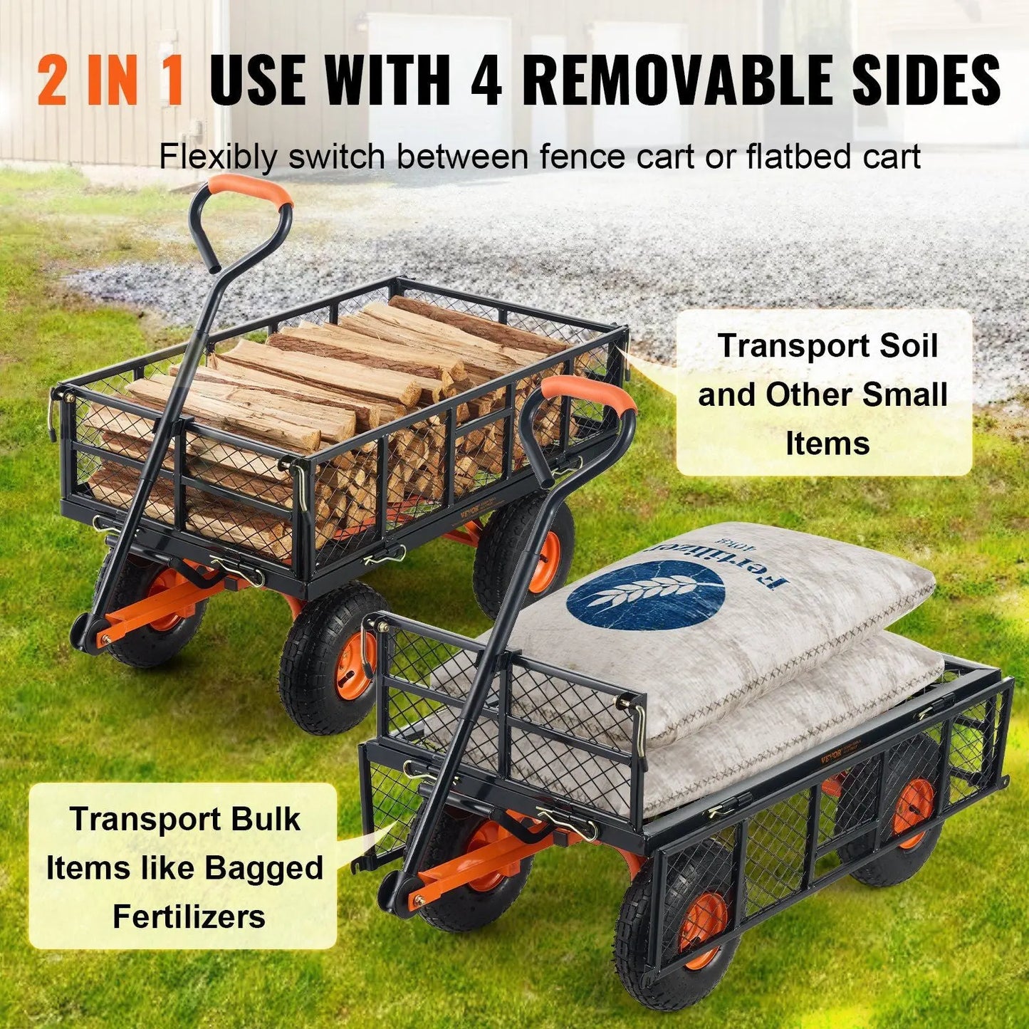 VEVOR Dump Cart, Metal Garden Dump Cart with Easy to Assemble Frame, Dump Wagon with 2-in-1 Convertible Handle, Utility Wheelbarrow 400 lbs Capacity, 10 inch Tires Doba