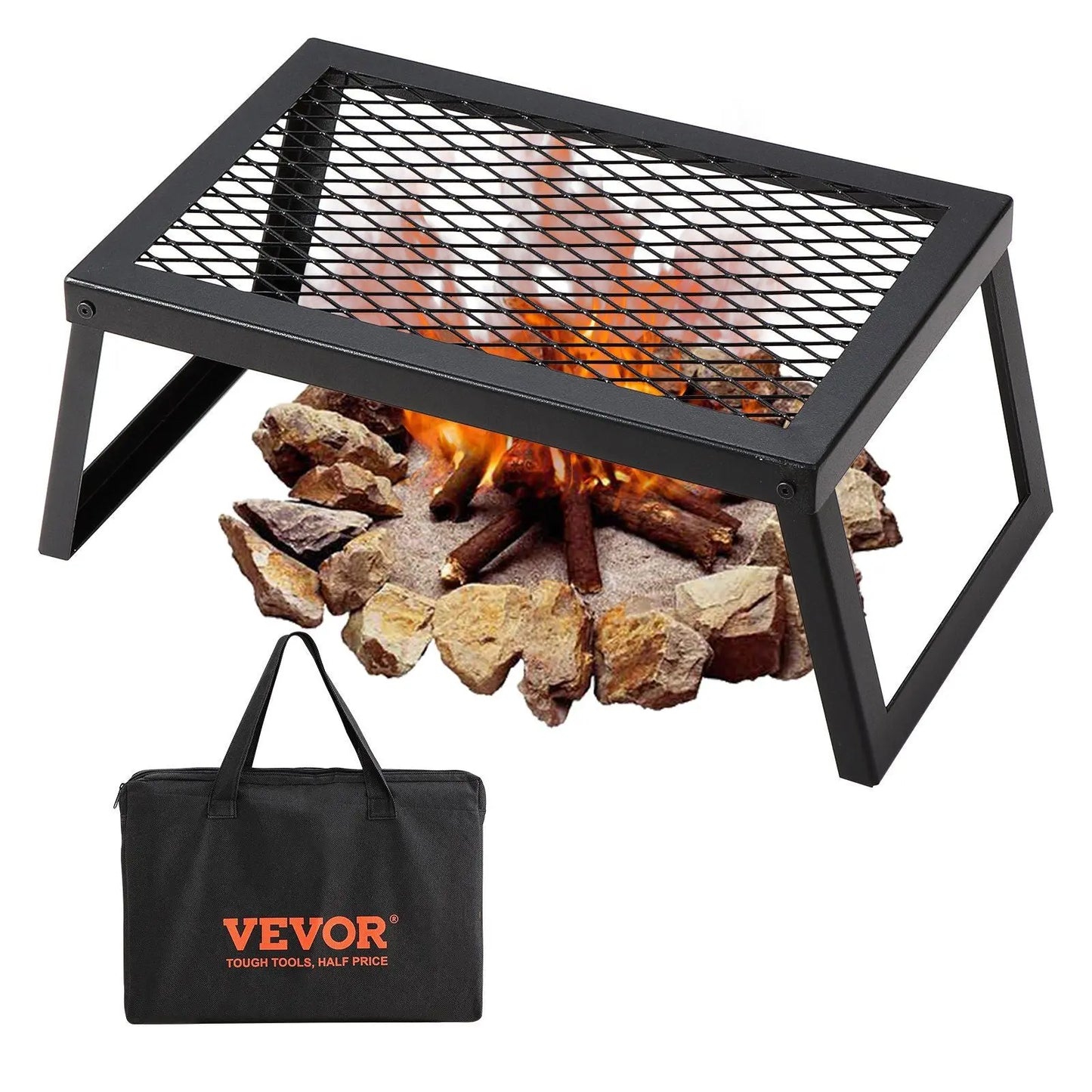 VEVOR Folding Campfire Grill, Heavy Duty Steel Mesh Grate, 18" Portable Camping Grates Over Fire Pit, Camp Fire Cooking Equipment with Legs Carrying Bag, Grilling Rack for Outdoor Open Flame Cooking Doba