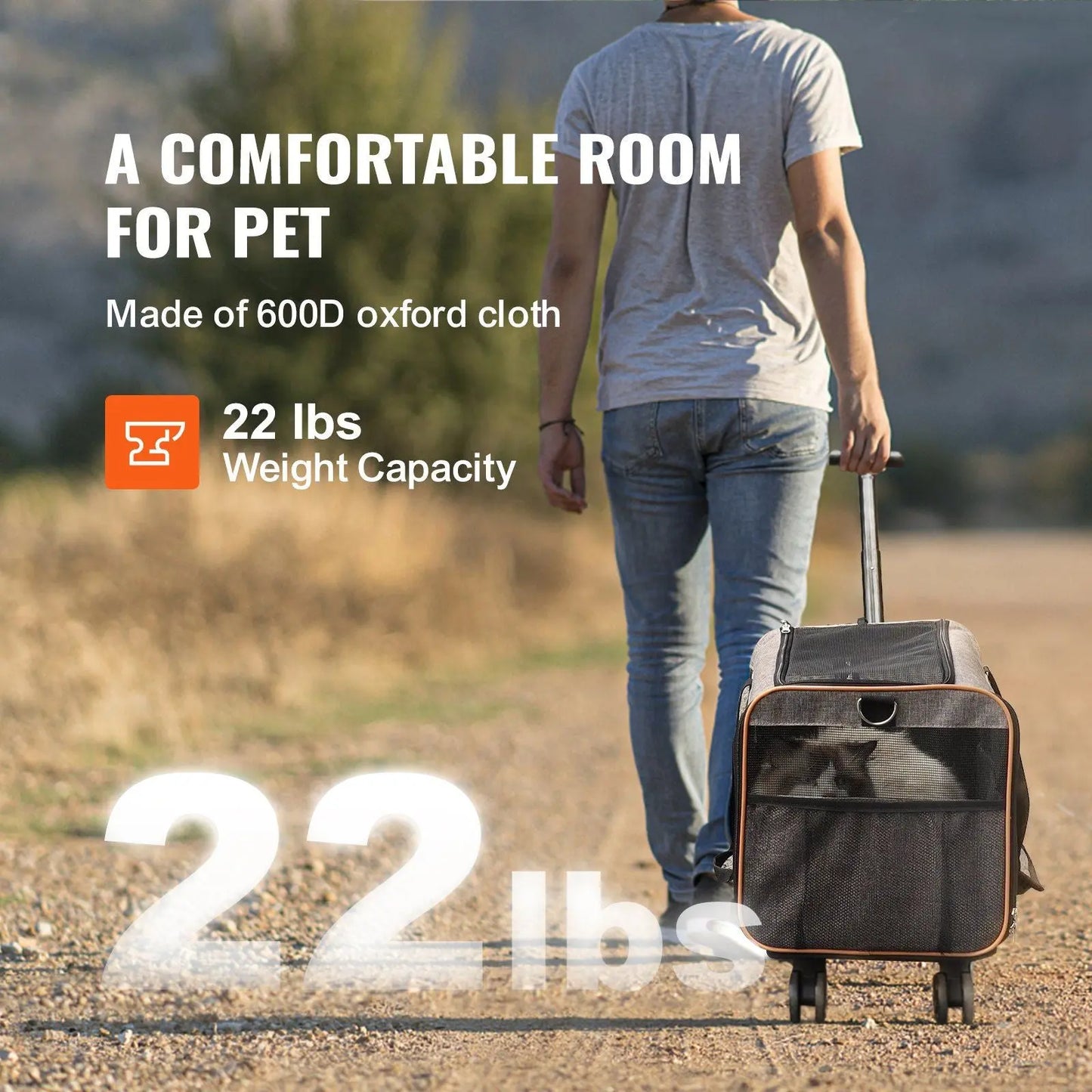 VEVOR Cat Carrier with Wheels, Airline Approved Rolling Pet Carrier with Telescopic Handle and Shoulder Strap, Dog Carrier with Wheels for Pets under 22 lbs, with 1 Folding Bowl, Grey Doba